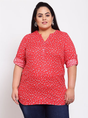 plusS Red Floral Mandarin Collar Regular Top