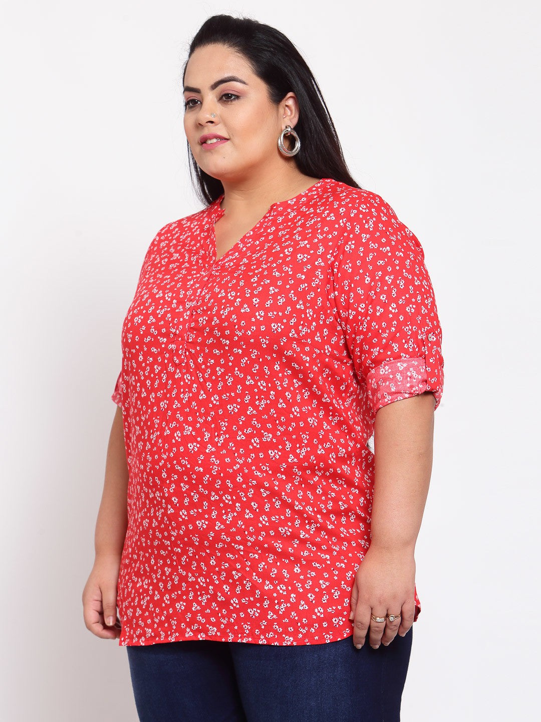 plusS Red Floral Mandarin Collar Regular Top