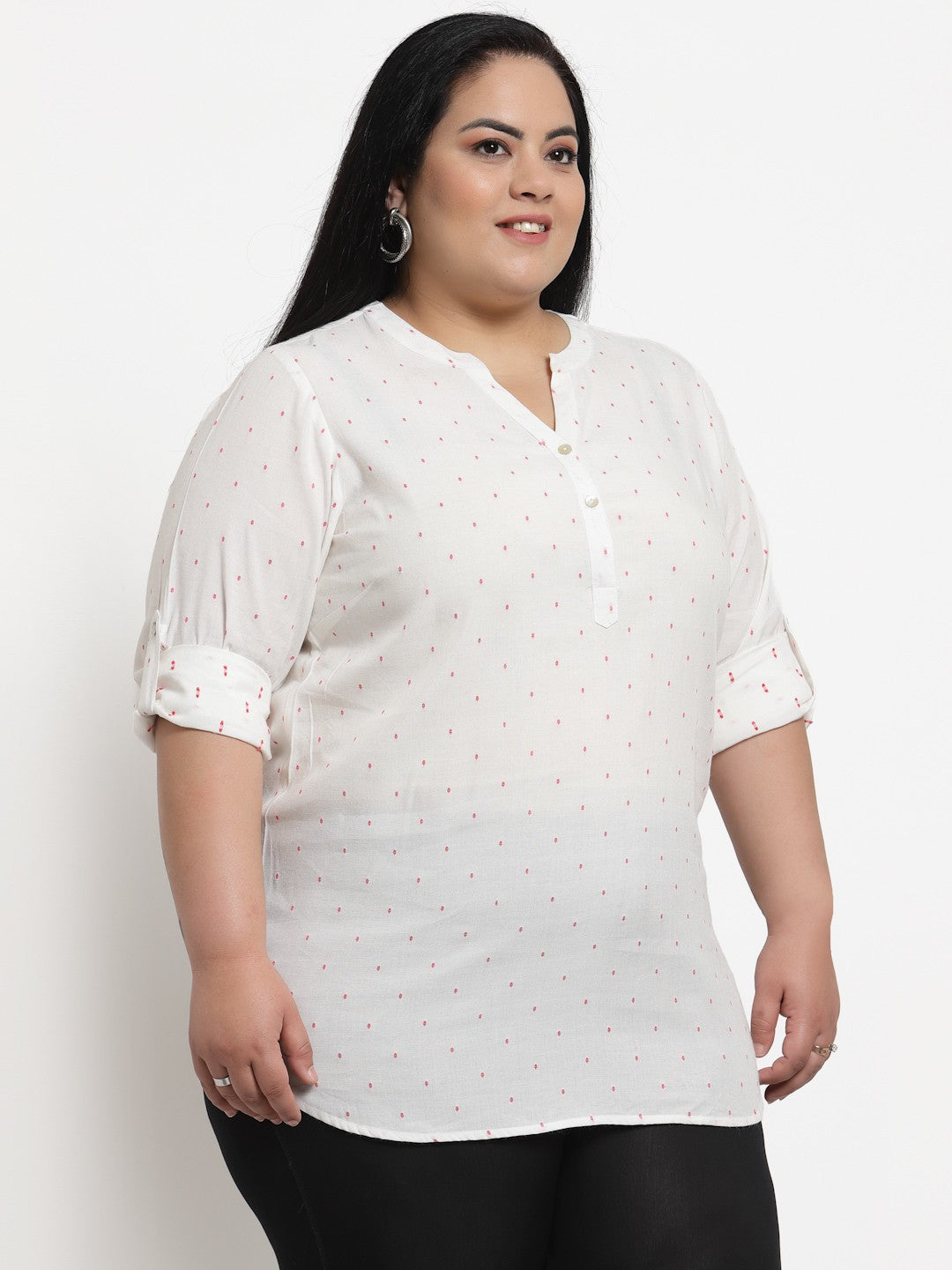 plusS White  Pink Polka Dots Print Top