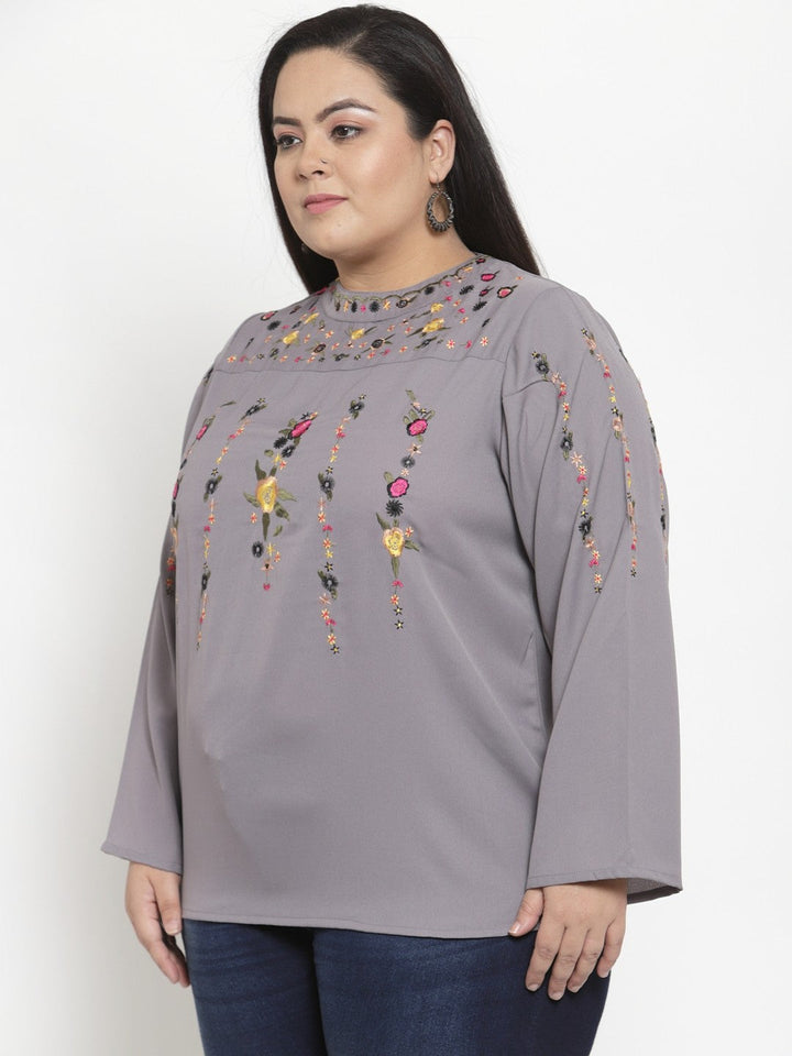 plusS Women Grey Embroidered Longline A-Line Top