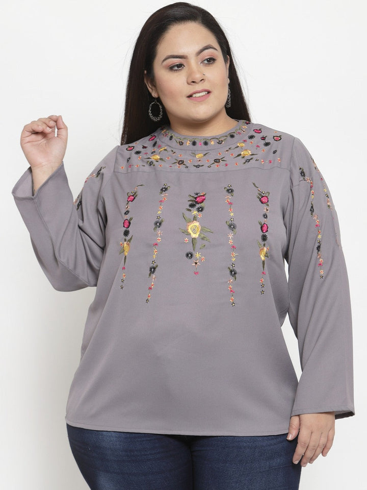 plusS Women Grey Embroidered Longline A-Line Top