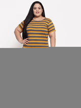 plusS Women Mustard Yellow Striped Plus Size T-shirt