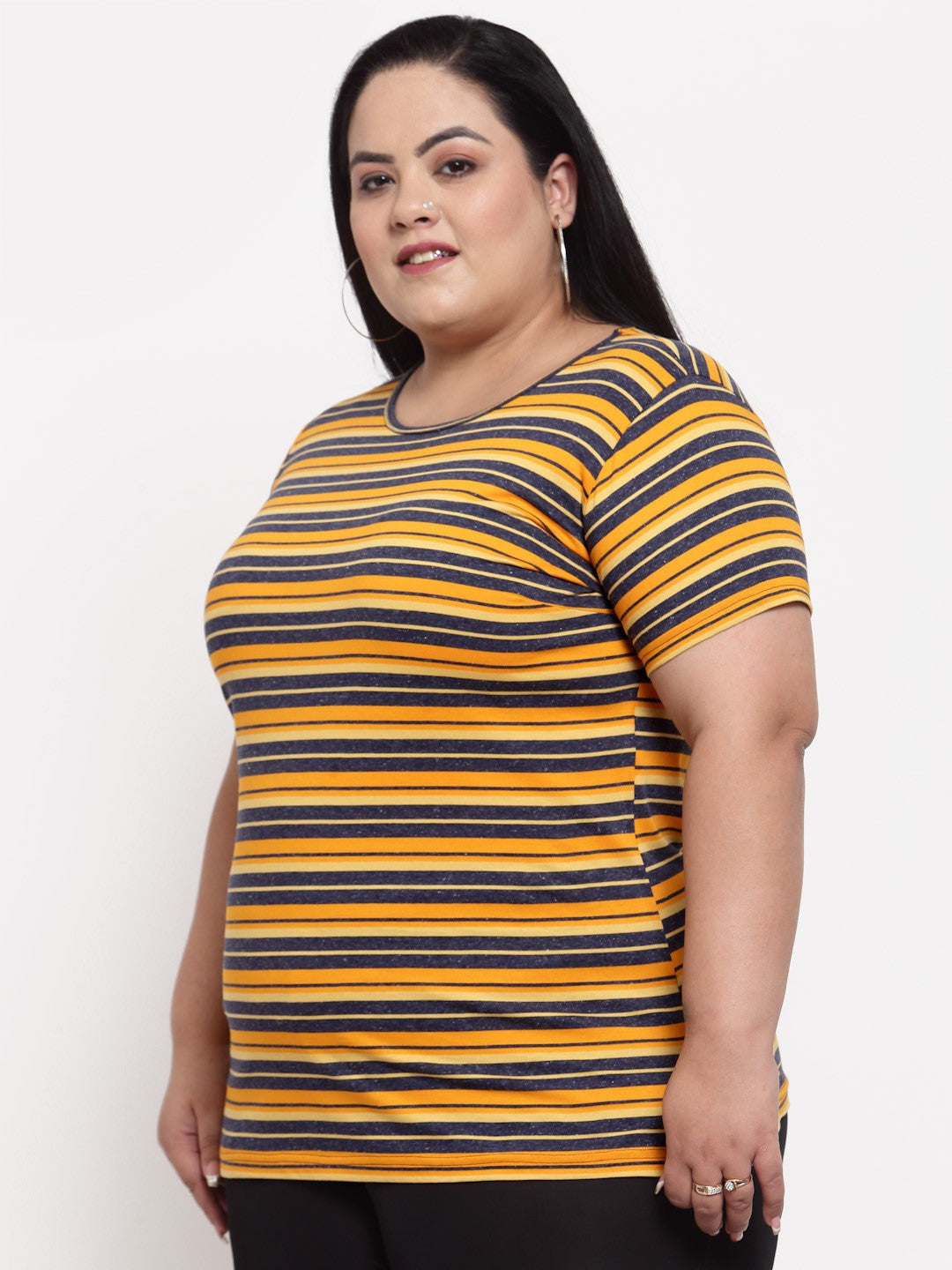 plusS Women Mustard Yellow Striped Plus Size T-shirt