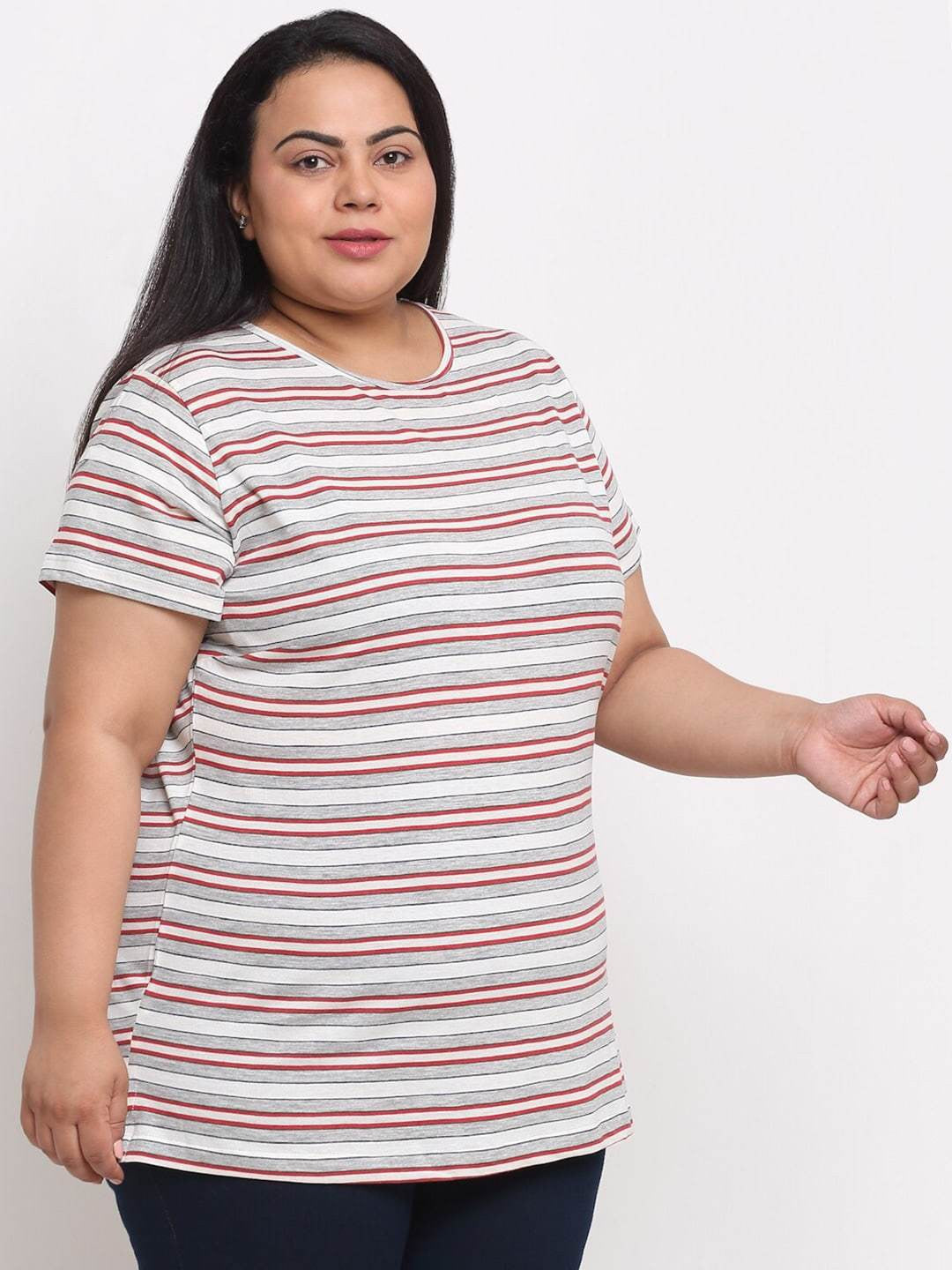 plusS Women Plus Size Grey Striped T-shirt