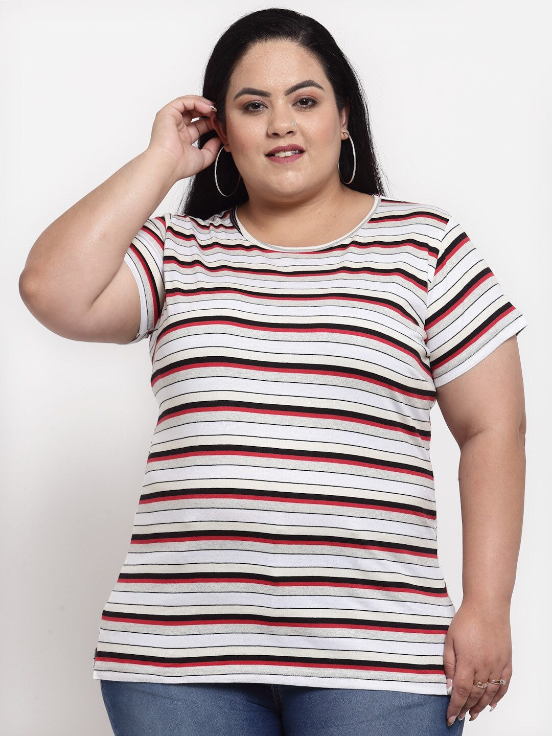 plusS Women Plus Size White  Black Striped Extended Sleeves Cotton T-shirt