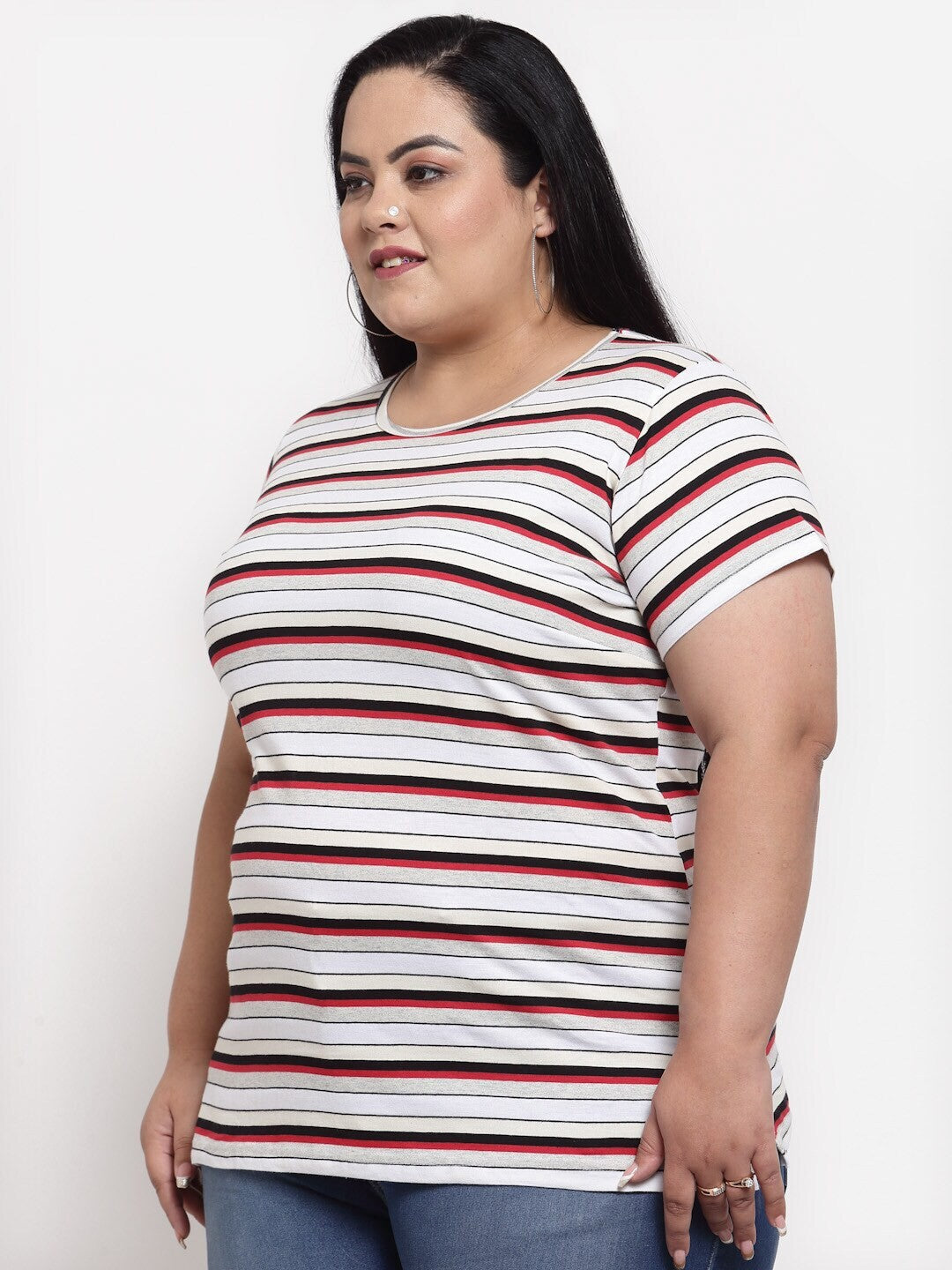 plusS Women Plus Size White  Black Striped Extended Sleeves Cotton T-shirt