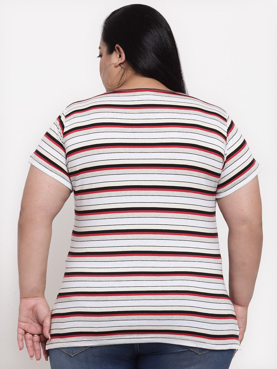 plusS Women Plus Size White  Black Striped Extended Sleeves Cotton T-shirt