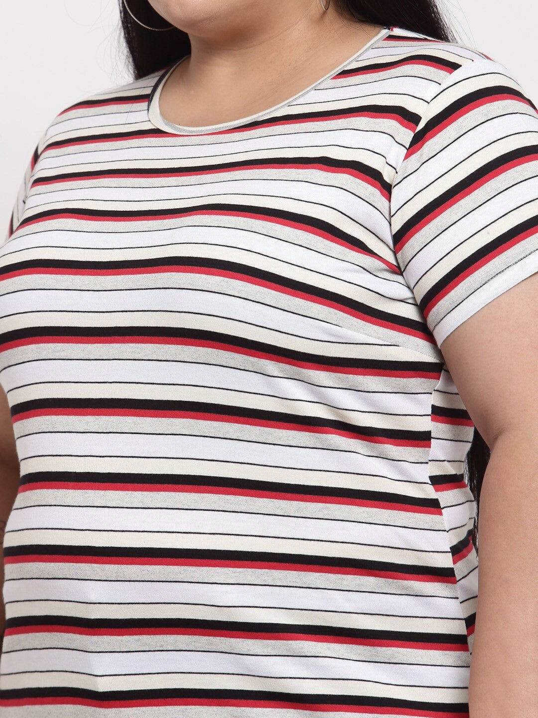 plusS Women Plus Size White  Black Striped Extended Sleeves Cotton T-shirt