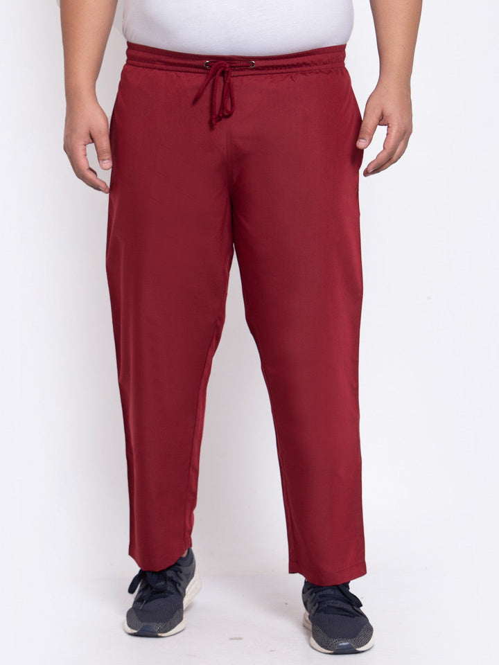 plusS Men Red Solid Straight-Fit Cotton Track Pants