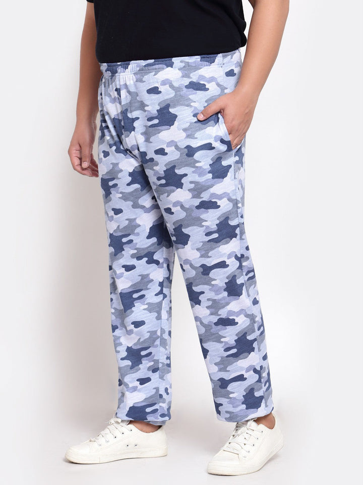 plusS Men Blue  White Camouflage Printed Straight-Fit Cotton Track Pants