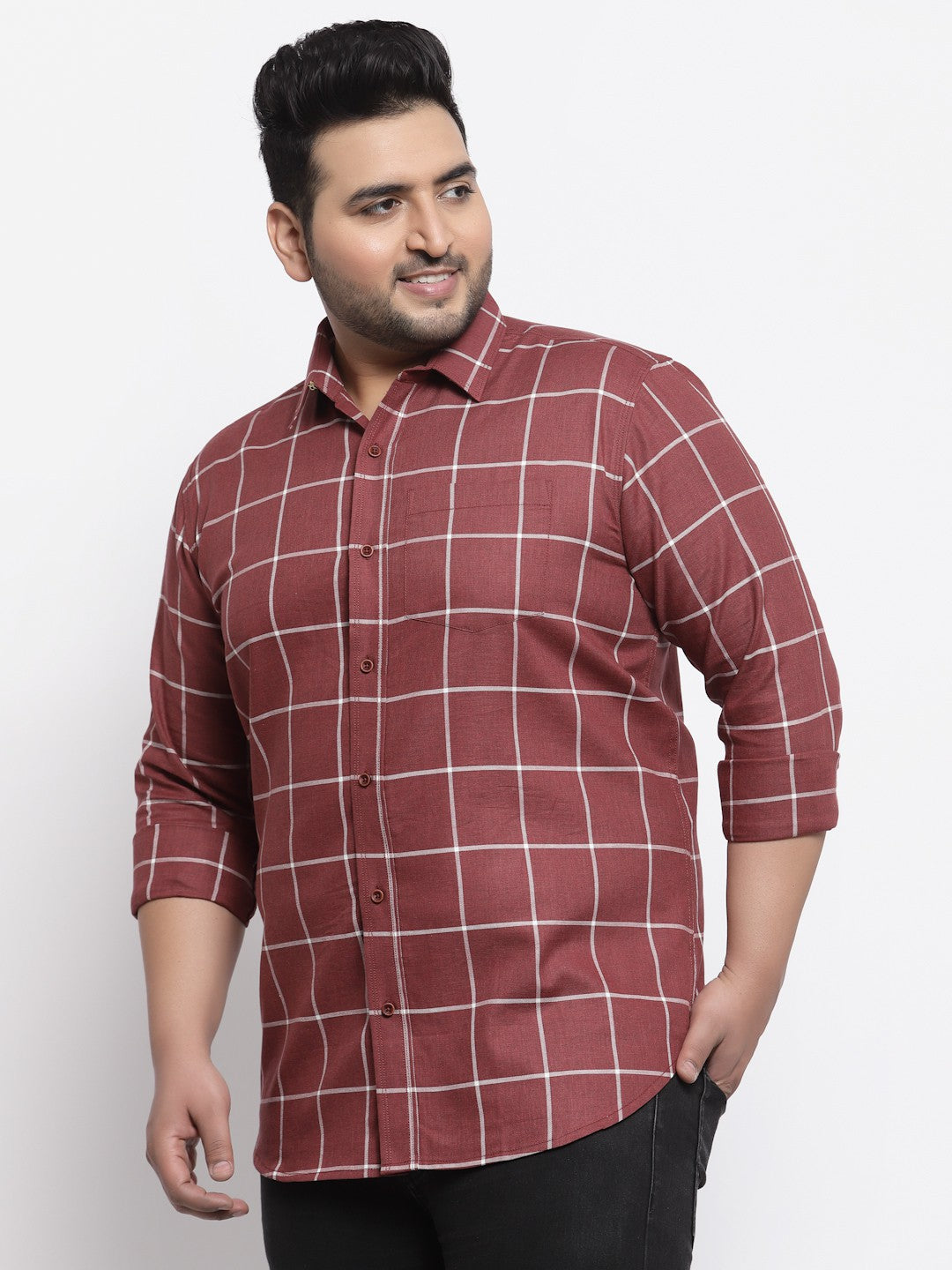 plusS Plus Size Men Maroon Windowpane Checked Casual Shirt