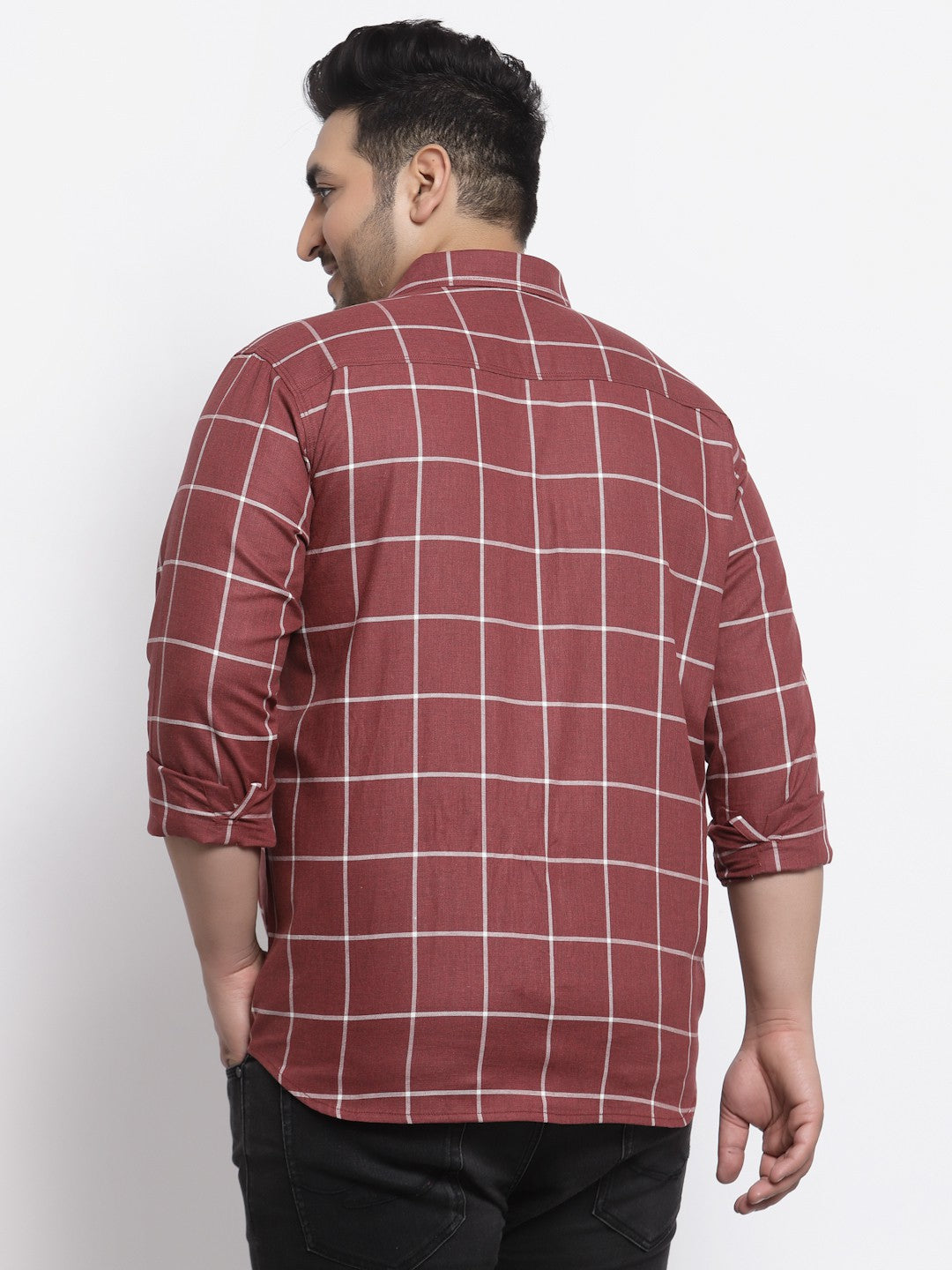 plusS Plus Size Men Maroon Windowpane Checked Casual Shirt