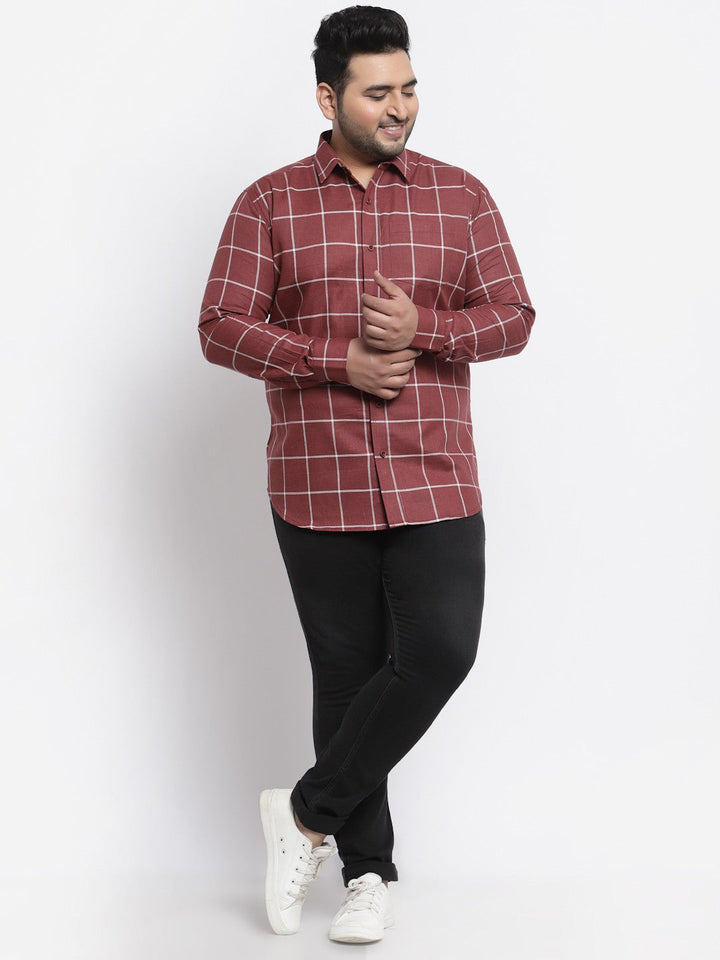 plusS Plus Size Men Maroon Windowpane Checked Casual Shirt