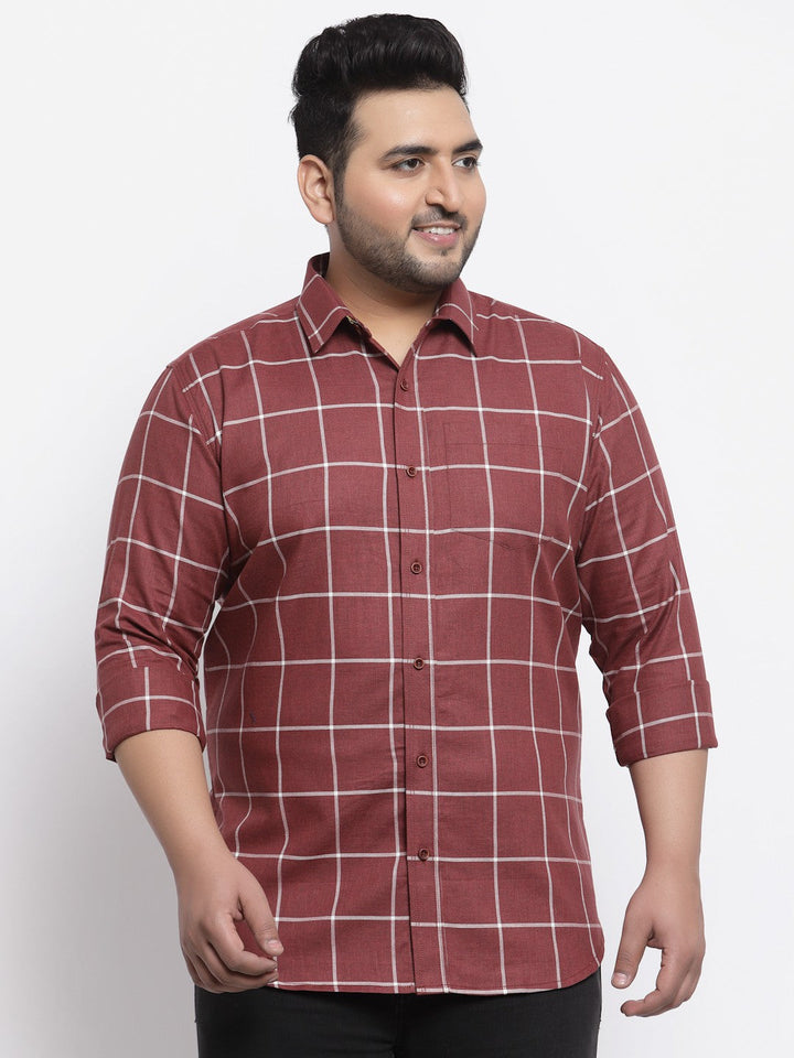 plusS Plus Size Men Maroon Windowpane Checked Casual Shirt