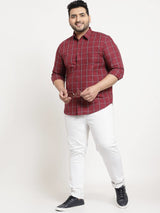 plusS Plus Size Men Maroon Grid Tattersall Checks Checked Cotton Casual Shirt