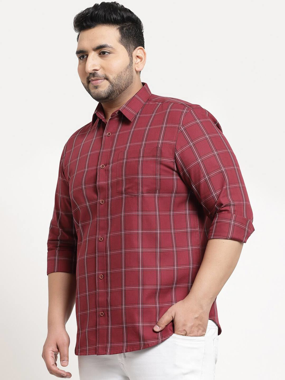 plusS Plus Size Men Maroon Grid Tattersall Checks Checked Cotton Casual Shirt