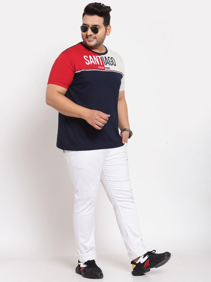 plusS Men Navy Blue  Red Colourblocked Pure Cotton T-shirt