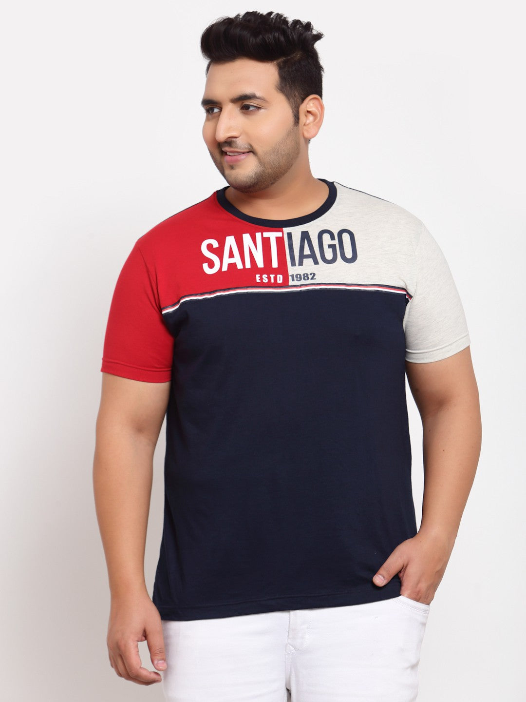 plusS Men Navy Blue  Red Colourblocked Pure Cotton T-shirt