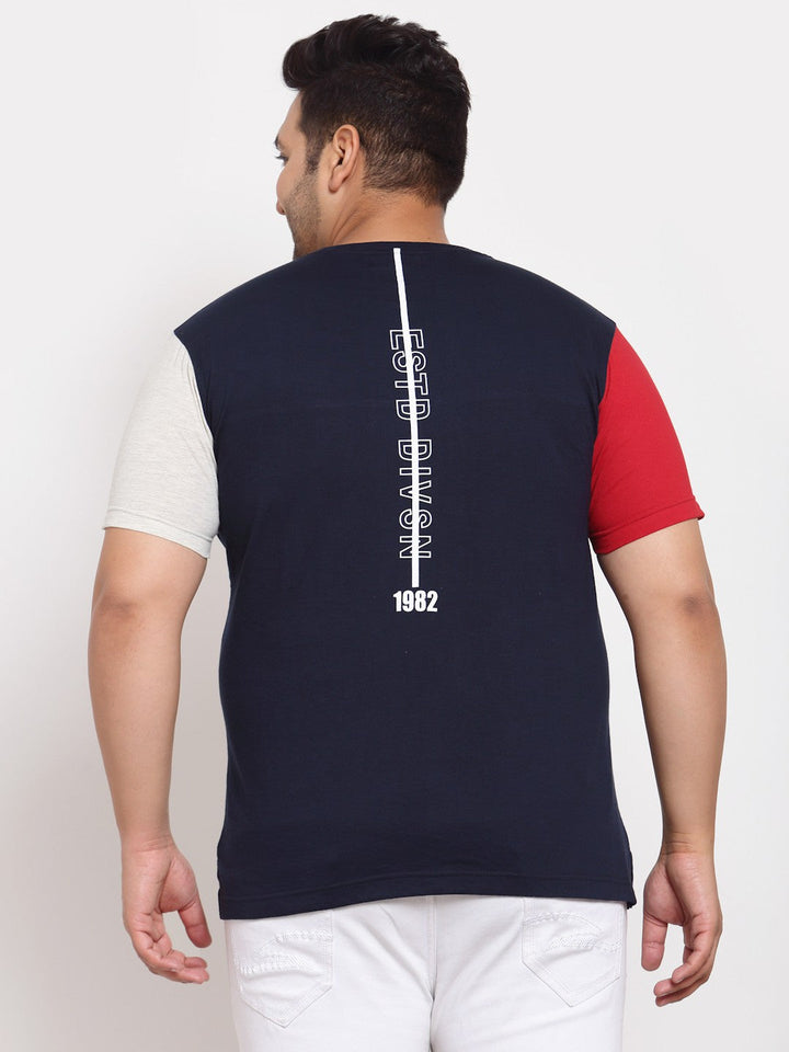 plusS Men Navy Blue  Red Colourblocked Pure Cotton T-shirt