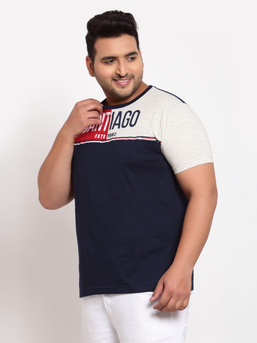 plusS Men Navy Blue  Red Colourblocked Pure Cotton T-shirt