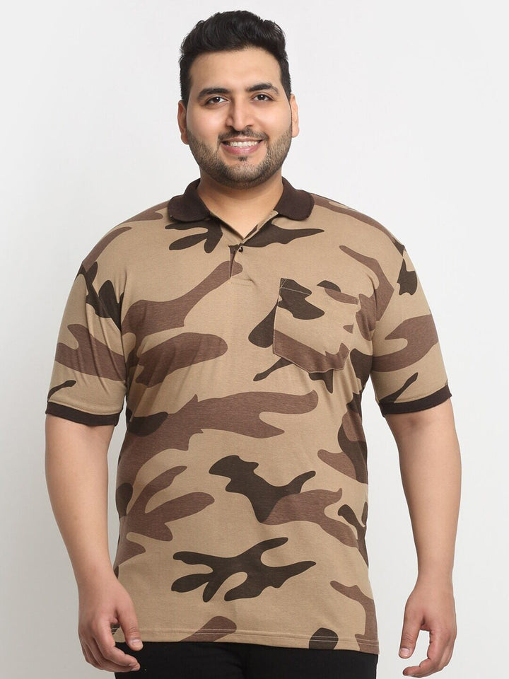 plusS Brown Camouflage Printed Polo Collar Cotton T-Shirt