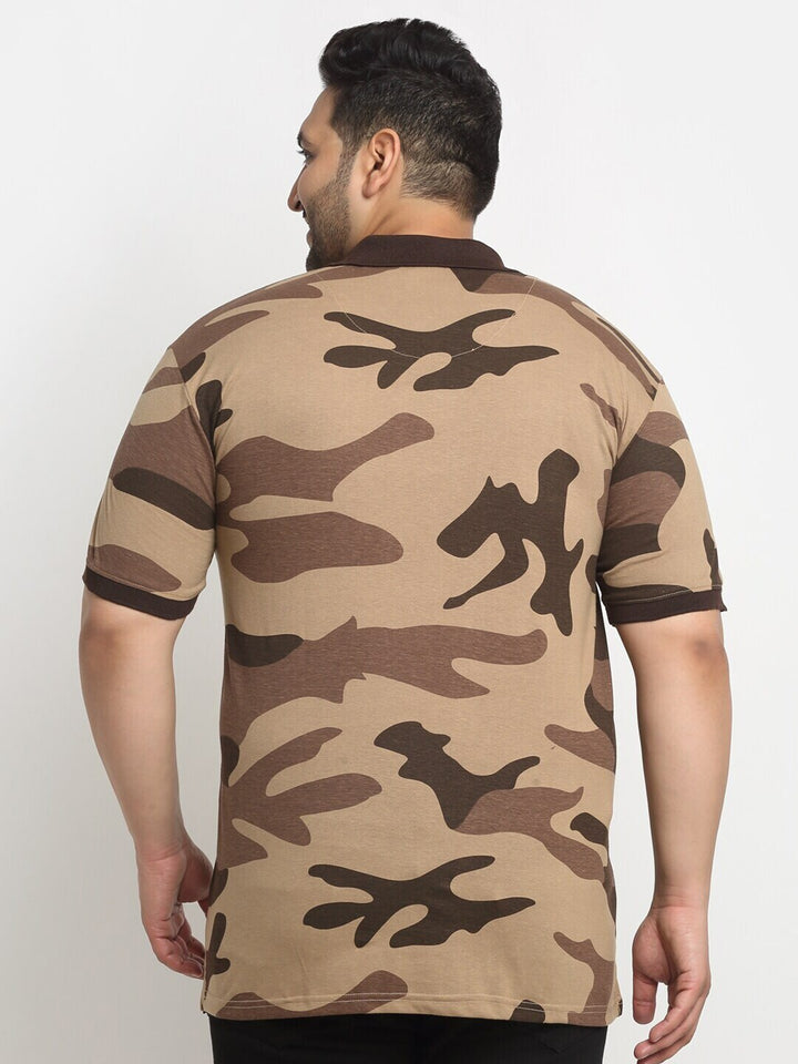 plusS Brown Camouflage Printed Polo Collar Cotton T-Shirt