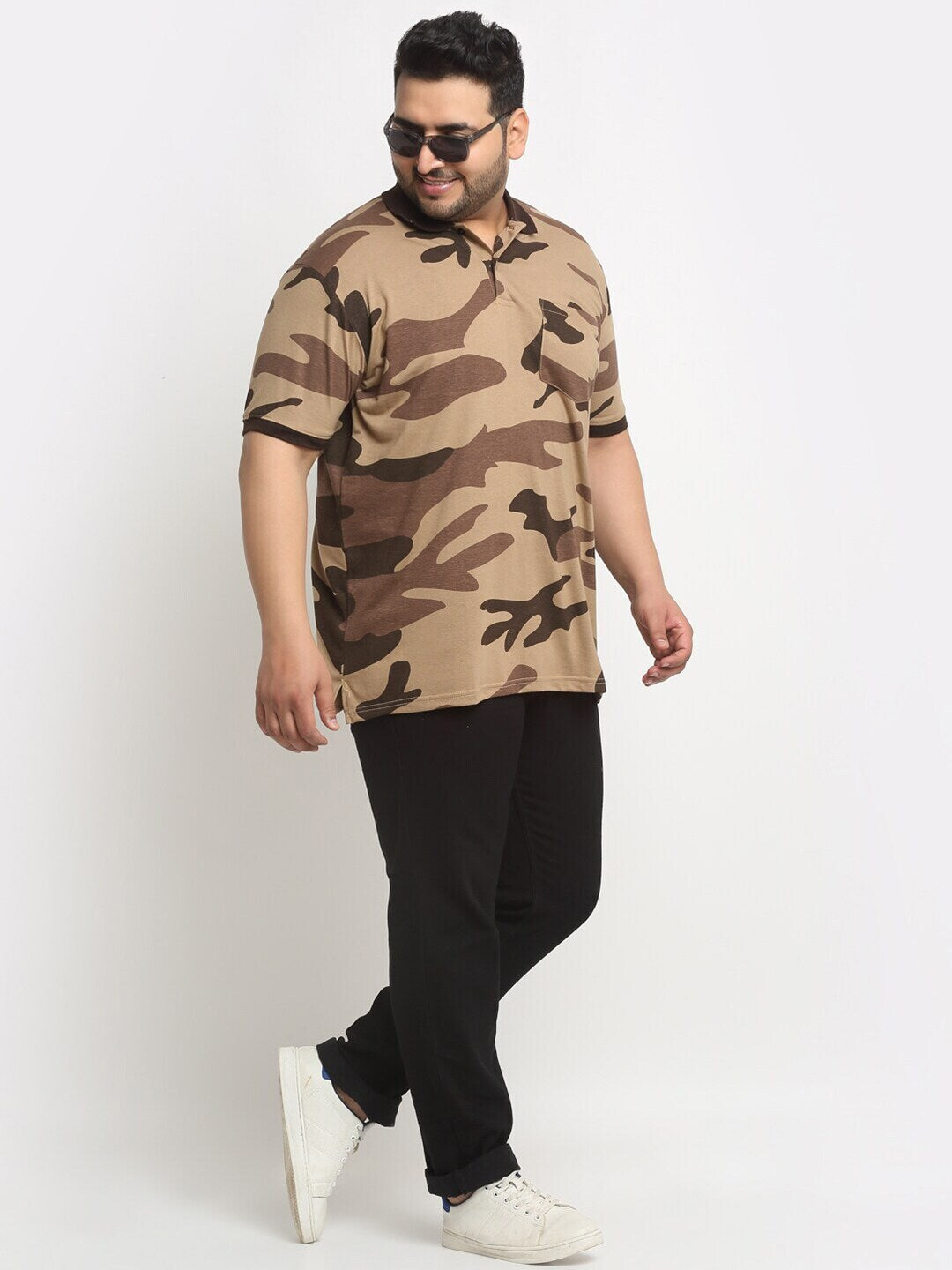 plusS Brown Camouflage Printed Polo Collar Cotton T-Shirt