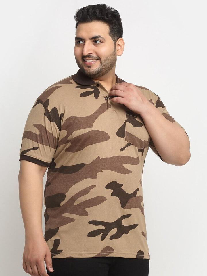 plusS Brown Camouflage Printed Polo Collar Cotton T-Shirt