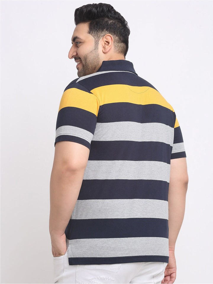 plusS Plus Size Grey Striped Polo Collar Cotton T-shirt