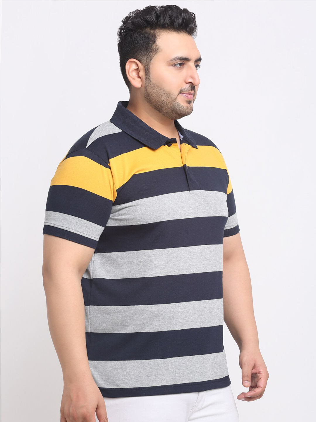 plusS Plus Size Grey Striped Polo Collar Cotton T-shirt