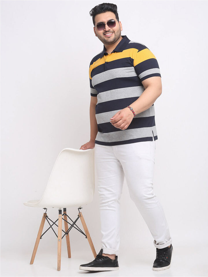 plusS Plus Size Grey Striped Polo Collar Cotton T-shirt