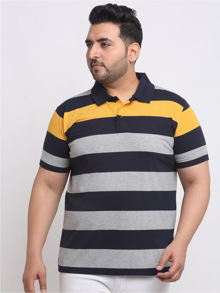 plusS Plus Size Grey Striped Polo Collar Cotton T-shirt