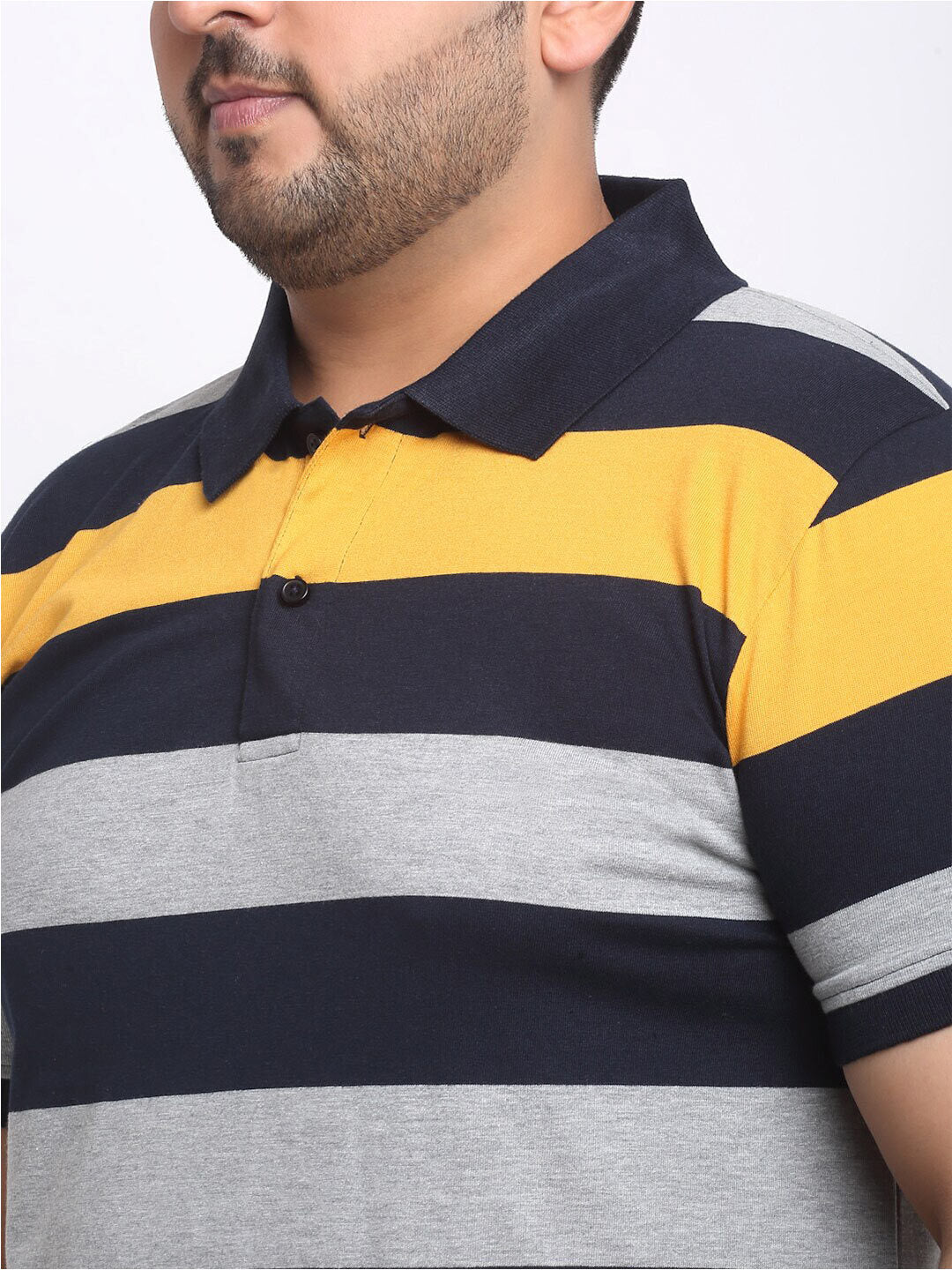 plusS Plus Size Grey Striped Polo Collar Cotton T-shirt