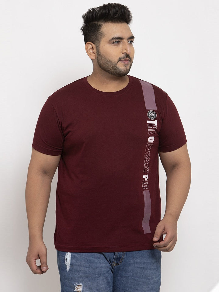 plusS Men Burgundy Printed Round Neck Pure Cotton T-shirt