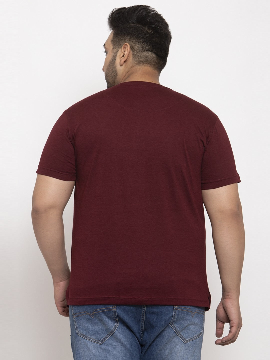 plusS Men Burgundy Printed Round Neck Pure Cotton T-shirt