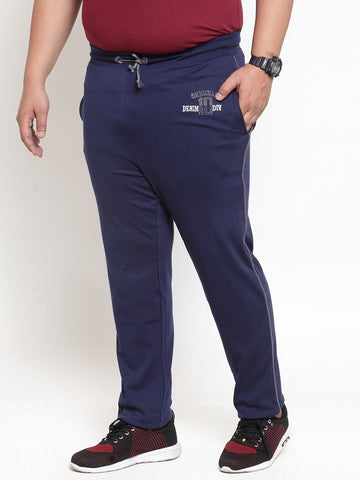 plusS Men Navy Blue Solid Straight-Fit Trackpants