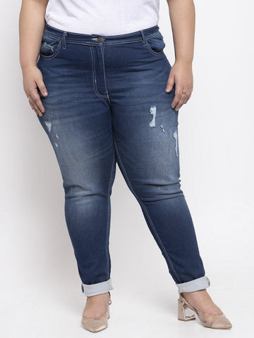 Plus Size Women Blue Regular Fit Mid-Rise Low Distress Stretchable Jeans