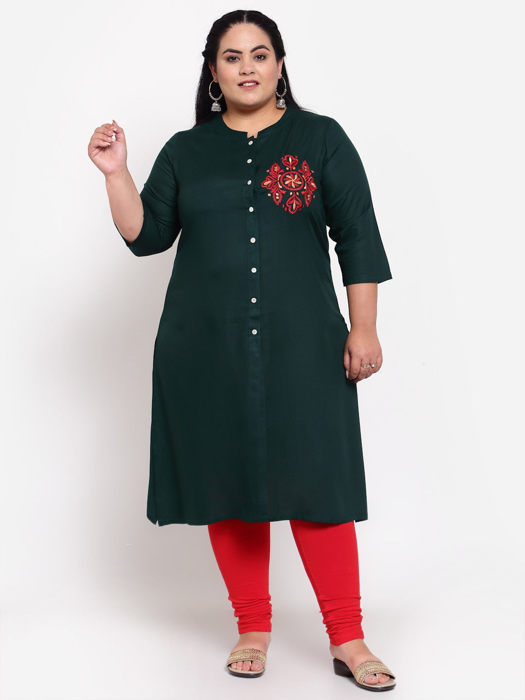 plusS Women Green Thread Work Kurta