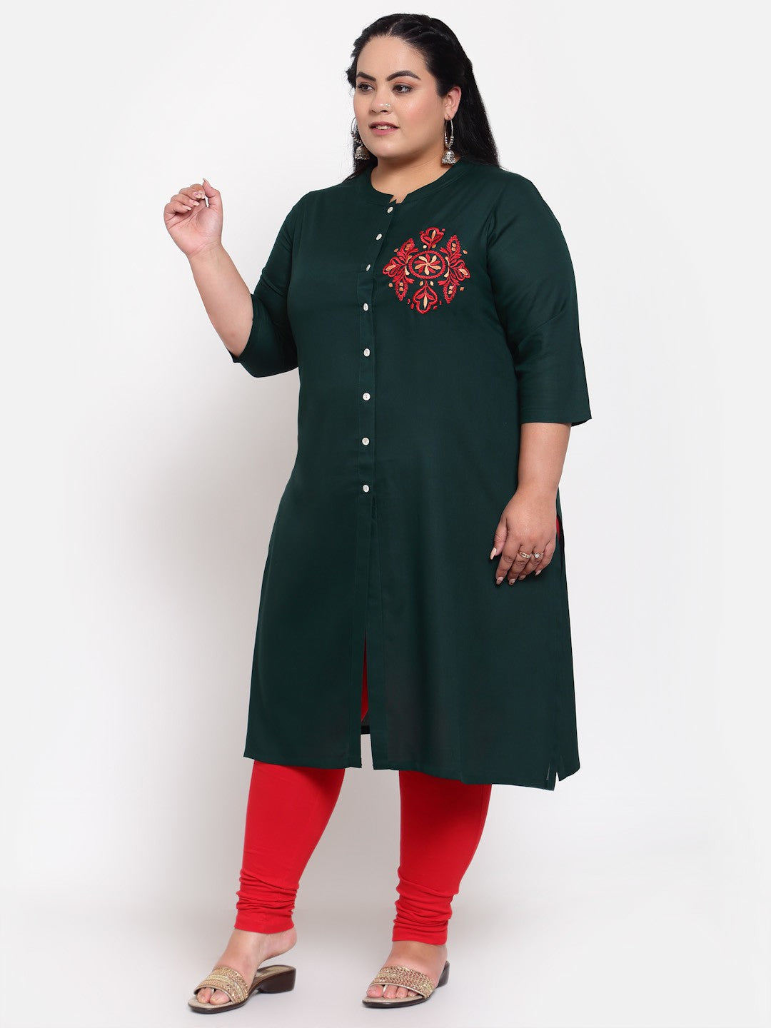 plusS Women Green Thread Work Kurta