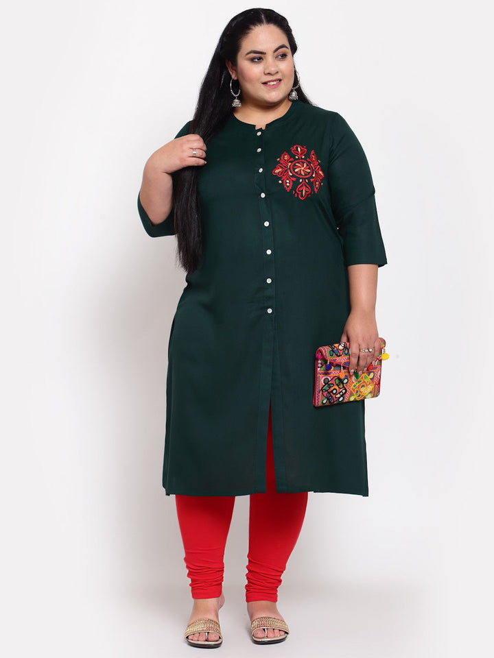 plusS Women Green Thread Work Kurta