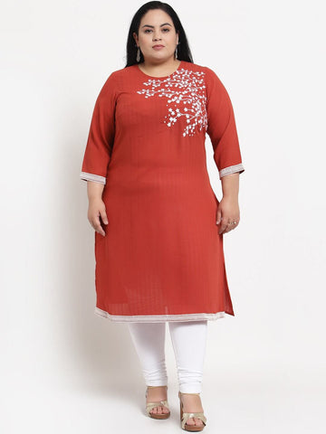 plusS Women Plus Size Peach-Coloured Striped Thread Work Kurta