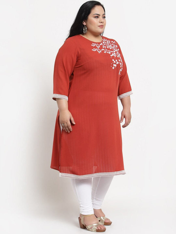 plusS Women Plus Size Peach-Coloured Striped Thread Work Kurta