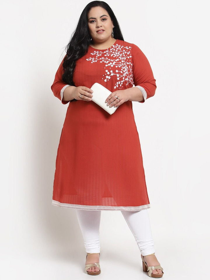 plusS Women Plus Size Peach-Coloured Striped Thread Work Kurta