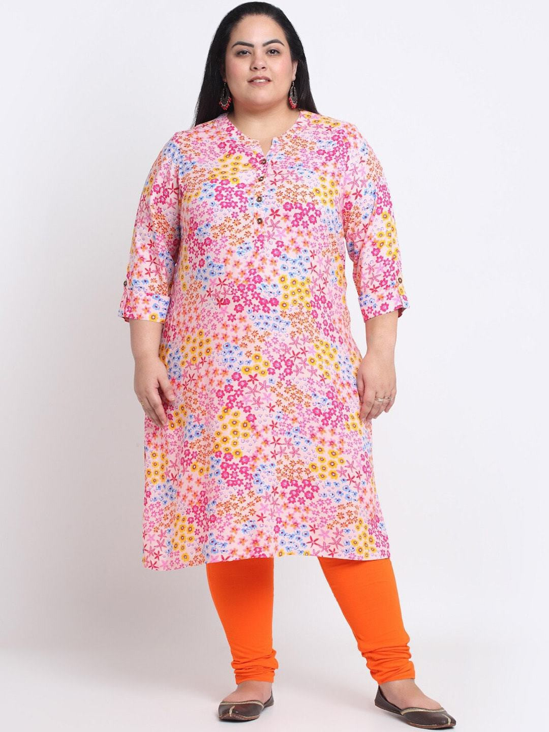 plusS Floral Printed Mandarin Collar A-Line Curved Regular Kurta