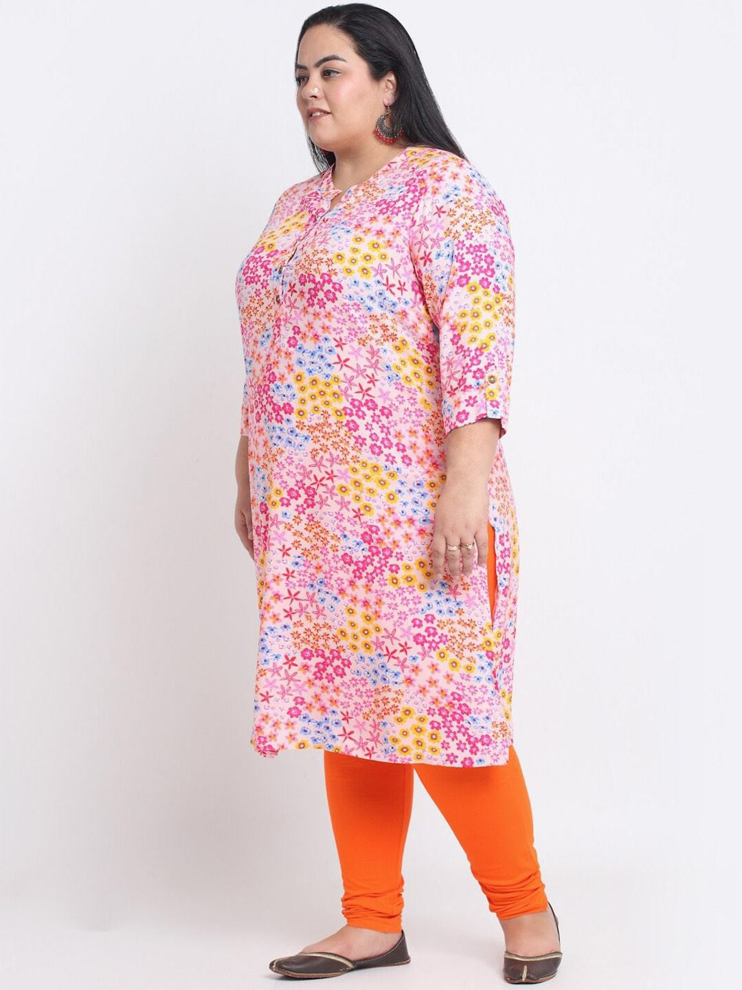 plusS Floral Printed Mandarin Collar A-Line Curved Regular Kurta