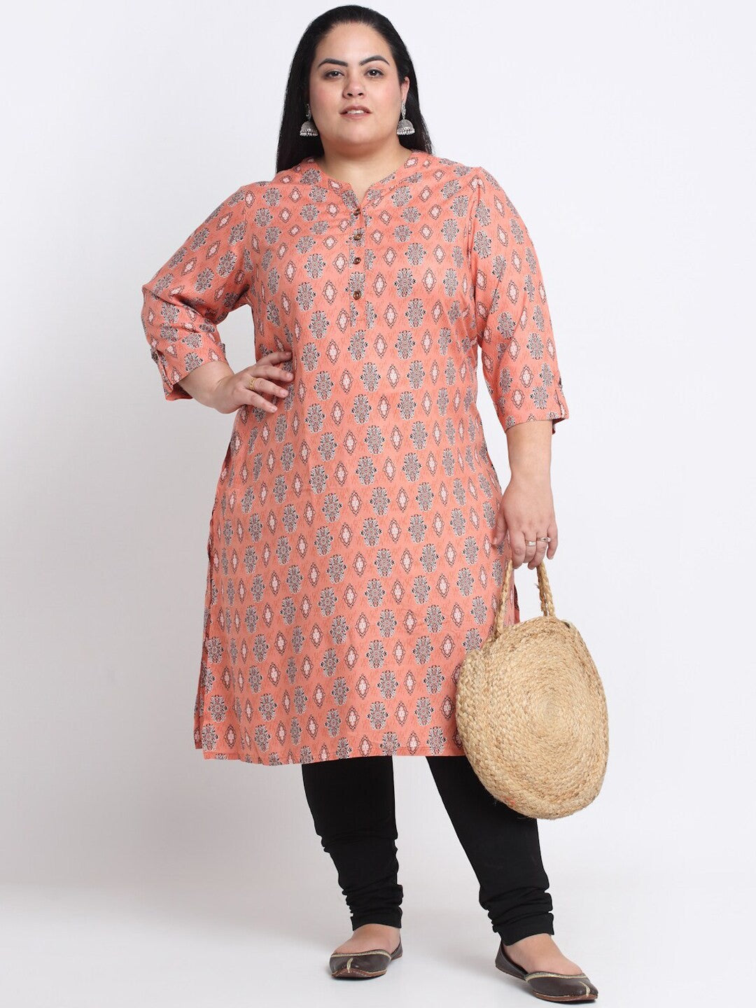 plusS Plus Size Mandarin Collar Floral Printed Straight Kurta