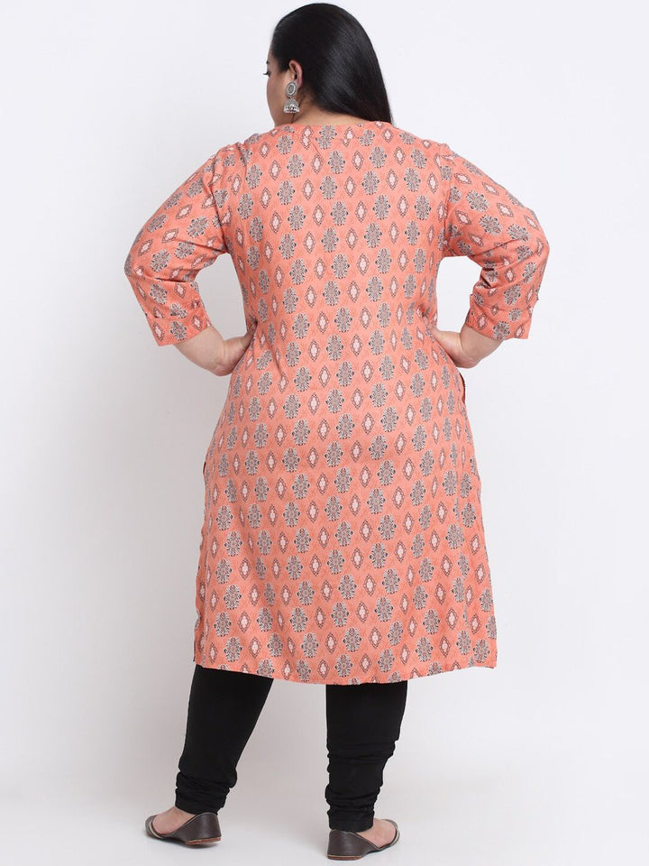 plusS Plus Size Mandarin Collar Floral Printed Straight Kurta