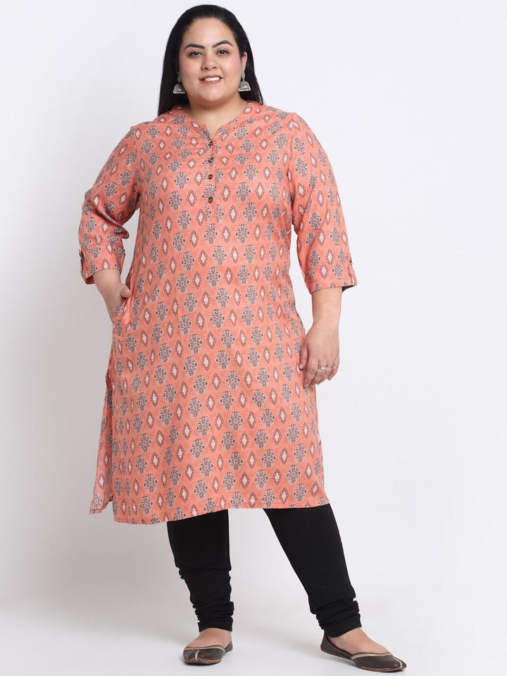 plusS Plus Size Mandarin Collar Floral Printed Straight Kurta