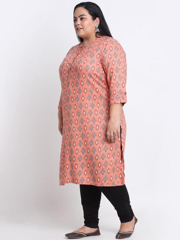 plusS Plus Size Mandarin Collar Floral Printed Straight Kurta