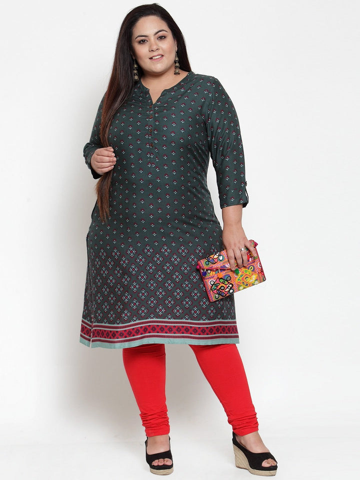 plusS Women Green  Red Printed Straight Kurta